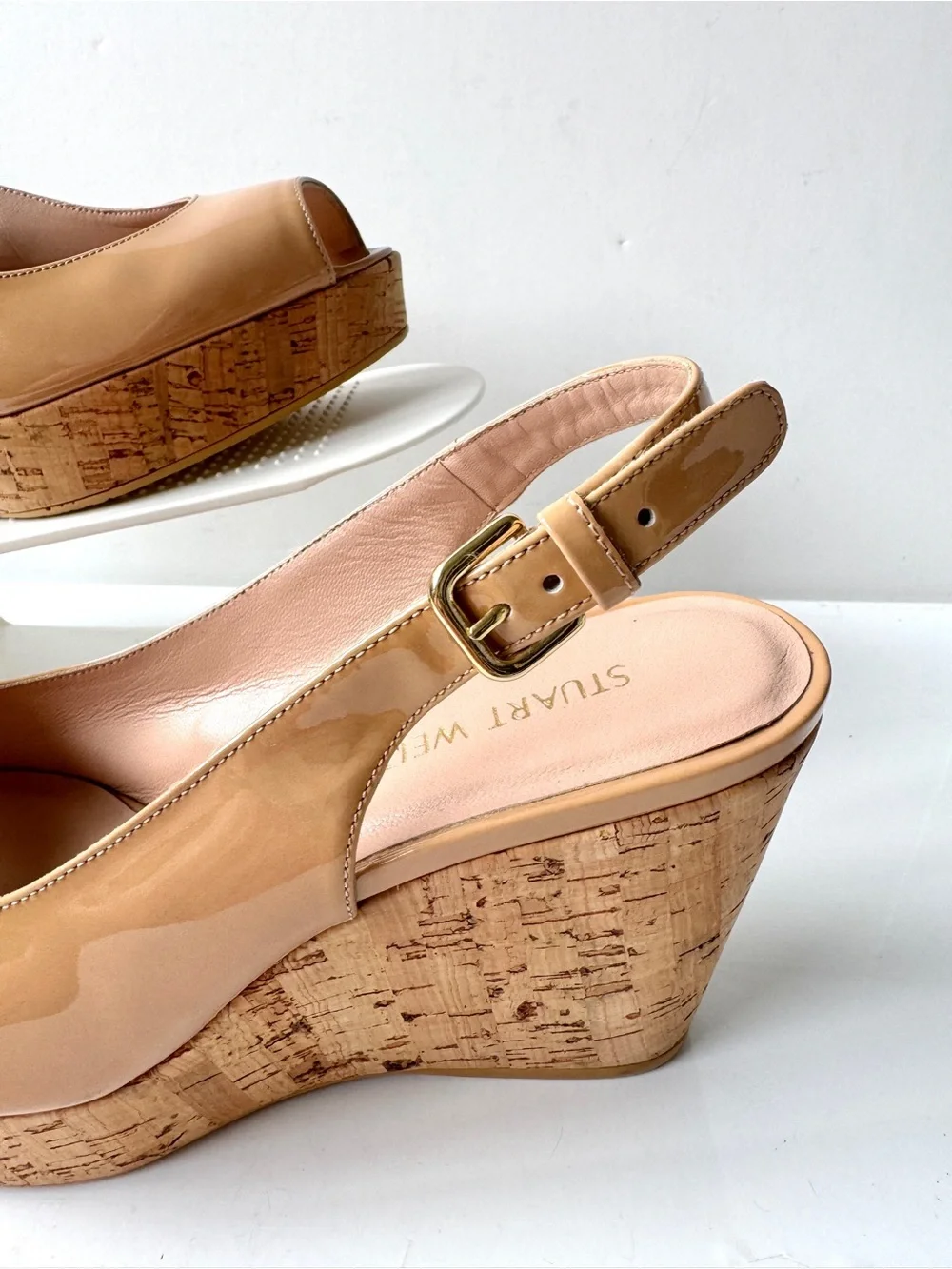 Stuart Weitzman Riviera Nude Patent Slingback Cork Platform Wedge Sandals Size 9